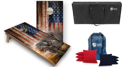 Tailgating Pros Tournament Grade American Themed Cornhole Board Set w/Built-in Multicolored Lights, Bean Bags, and Carrying Case - 4'x2' Cornhole Toss - color: Soldier Kneeling