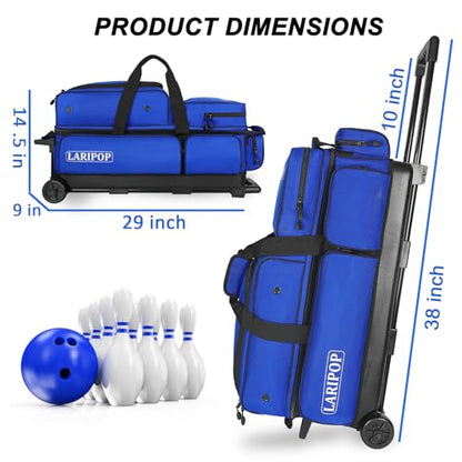 LARIPOP 3 Ball Bowling Bag with Wheels and Shoe Compartment, Rolling Bowling Bag for 3 Balls, Heavy Duty Bowling Roller Bag with Retractable Handle for Men Women - color: Blue