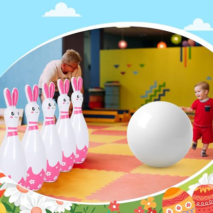 Foilswirl 12 Pcs Kids Easter Bunny Bowling Set with 10 Bunny Bowling Pins and 2 Balls Inflatable Easter Bunny Games and Toys for Girls Boys Indoor Outdoor Party Event Family Holiday Activity
