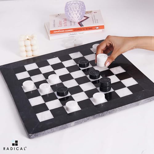 Radicaln Marble Checkers Board Game 15" Inches Black and White Handmade 2-Player Tournament Checker Set, Board Game Set – Elegant Holiday - color: Black and White
