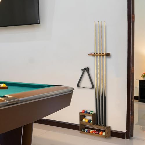 MyGift Pool Cue Rack Set, Rustic Burnt Solid Wood Billiards Cue Stand Wall Mount Holder, Ball Storage with Industrial Pipe Triangle Rack Hanging Hook