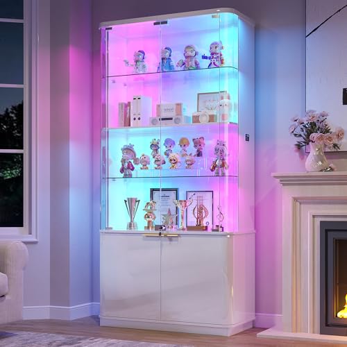 Dystler 71" Locking Glass Display Cabinet, 6-Tier Curio Case with RGB Light | Key Lock, Tempered Glass Shelves, RGB Motion-Sensor Lights, App Control, Curved Safety Edges, for Trophies & Figures - color: White