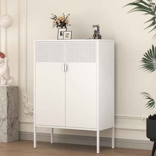White Metal Storage Cabinet with 2 Doors - 47''H Locker Cabinet, 3 Tier Locker Door with Adjustable Shelves,Metal Sideboard for Home, Living Room,Office Kitchen and Bathroom - color: White, size: 47H