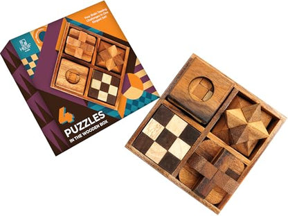 BSIRI 4 in 1 Wooden Brain Teaser Puzzles for Adults - Challenging 3D Desk Wood Puzzles Set Interlocking Hand Games for Mind Toys Suits for Rustic Patio Decor Unique Gift Office Decoration - style: 4 Puzzle Set