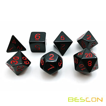 Bescon Polyhedral Dice Set Opaque Black with Red Numbers, Black RPG Dice Set of 7 d4 d6 d8 d10 d12 d20 d% Brick Box Pack - color: Opaque Black W/Red Numbers