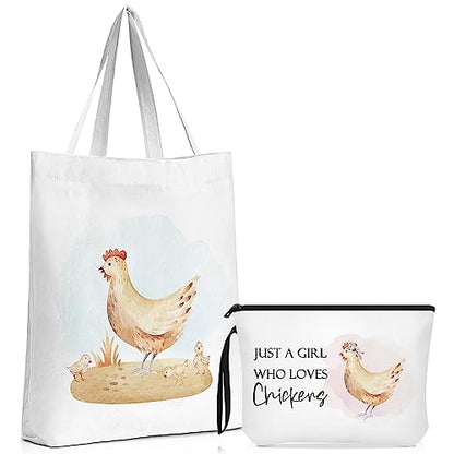 Sieral 2 Pcs Animal Lover Bag Gift for Women Travel Canvas Tote Portable Zipper Pouch Canvas Reusable Grocery Tote - style: Chicken