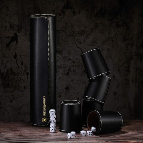 Leather Dice Cup Set, 5 Black Dice Cups + 25 Dices + Exclusive Storage and Transport Case Made of Faux Leather (Black x2) - color: 2 Pack Black