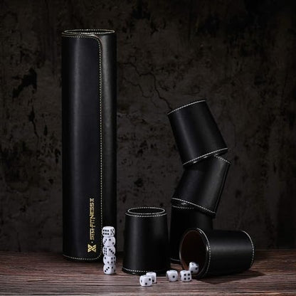 Leather Dice Cup Set, 5 Black Dice Cups + 25 Dices + Exclusive Storage and Transport Case Made of Faux Leather (Black x2) - color: 2 Pack Black