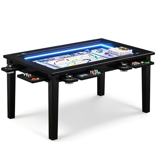Haddockway Board Game Table with Adjustable Led Lights, 53.7in x 30.7in Play Area Removable Table Top Dining/Gaming Table with Charge Station, Play Mat, 6 Cup Holders & Trays (Black) - color: Black With Led Light