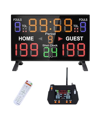 LUCKY TIME Basketball Scoreboard with Shot Clock, 12/14/24/30/25/60 Seconds, Upgraded Thickening Digital Scoreboard with Remote, Battery Powered Electronic Scoreboard for Indoor Outdoor - style: Single-Sided (Console Control)
