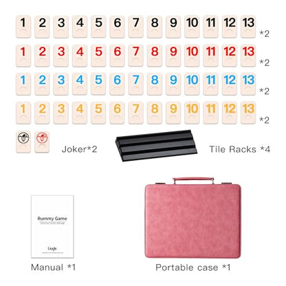 Rummy Game Set, 2-4 Players with 106 Rummy Tiles and 4 Racks, Rummy Travel Game Set with Faux Leather Case, Fun Family Classic Board Games (Pink) - color: Pink