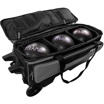 Pyramid Path Triple Premium Deluxe Roller Bowling Bag With Extra Large Separate Shoe Compartment (Up To US Mens Size 16) and 5 Accessory Pockets, 5" Wheels, Retractable Locking Handle - Extends to 42" - color: Black/Silver