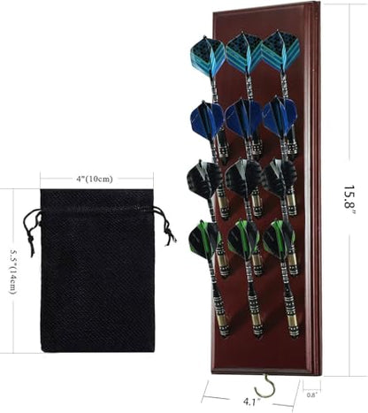 FDLS Darts Holder Wall Mounted Displays 12 or 15 Steel/Soft Tip Darts, Darts Caddy for wall with Metal Hook, Accessory Storage Bag - style: Cherry Finish Hold 12 Darts