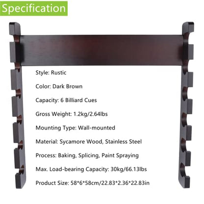 Gdrasuya10 6 Sticks Pool Wall Mounted Rack Billiard Cue Holder Horizontal Pool Organizer Wooden Cue Sticks Rack with 6 Clips for Long Canes and Walking Sticks (Dark Brown)