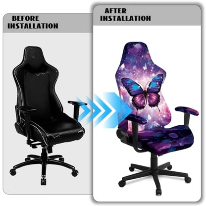 Suobstales Galaxy Butterfly Rose Flower Pattern Gaming Chair Cover, Soft Gaming Chair Slipcovers for Office, Soft Spandex Gaming Chair Slipcovers with Armrest Covers for Office Chair, Computer Chair - color: Galaxy Butterfly Rose Flower