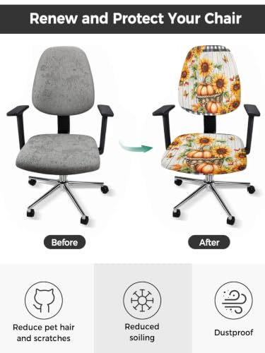 Savannan Office Chair Cover, Farm Fall Sunflower Pumpkin Leaves Protective Stretch Elastic Universal Cover for Desk Task Chair,Computer Rotating Chair 1 Pcs Retro Wood Board Buffalo