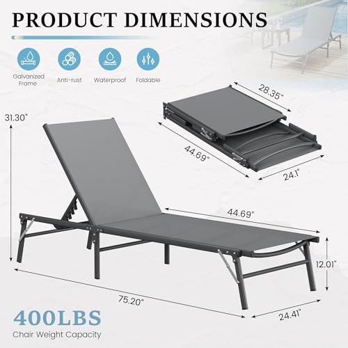UDPATIO Foldable Patio Lounge Chairs Outdoor Chaise Lounge with 5-Positions Poolside Lounge Chairs with Portable Design for Pool, Beach, Deck, Backyard No Assembly(1 PCS)