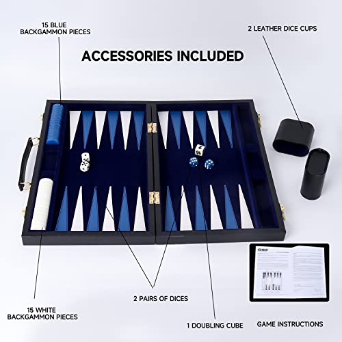 GSE Premium Leather Backgammon Board Game Set, Black&Blue, Medium | Premium Leather, Travel Folding Board, Classic Game Set, Leather Case Included - color: Leather-black&blue, size: Medium