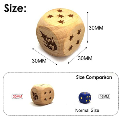 Creative Dragon Dice Set - Big Wooden Playing Dices for Party Table Game, 30MM/Laser Engraved/Six-Sided 2Pcs/Set