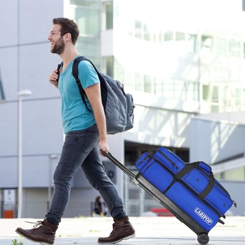LARIPOP 3 Ball Bowling Bag with Wheels and Shoe Compartment, Rolling Bowling Bag for 3 Balls, Heavy Duty Bowling Roller Bag with Retractable Handle for Men Women - color: Blue