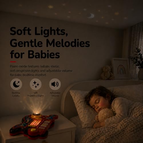Toddler Guitar Toy for Boys & Girls 1-3, 4-in-1 Touch & Play Kids Guitar Piano Musical Toy with Projector Light, Drum, Lullabies & Volume Control, First Guitar Birthday Gift for Kids & Babies Ages 1-5 - color: Red