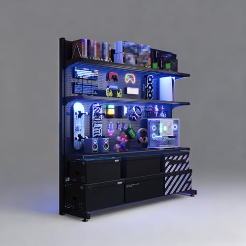 Freestanding Modular Steel Pegboard System, Gaming Standing Shelf Units with 20 Hooks, Metal Pegboard Floor Display System, Accessory Organizer for Home and Office(Black,75cm) - color: Black, size: 75cm
