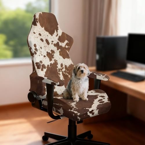 Brown Cow Pattern Office Armchair Slipcovers 4 PCS Stretch Gaming Chair Cover Washable Gamer Chair Slipcover with Armrest Covers Furniture Protector for Apartments - color: Brown Cow Pattern