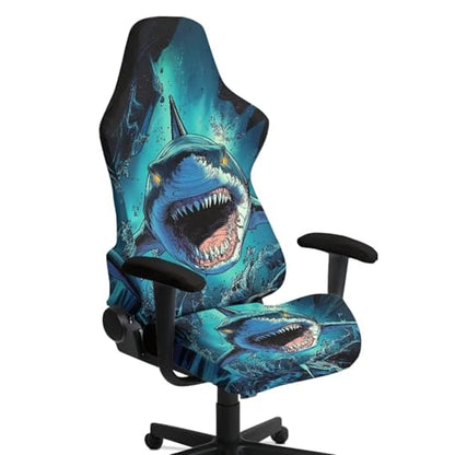 Fierce Shark Universal Gaming Chair Cover with Armrest Covers Cat Proof Stretchable Office Computer Chair Cover Slipcovers Breathable Non Slip Reclining Armchair Slipcover for Gamer Room - color: Fierce Shark