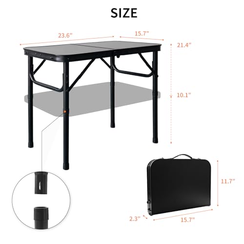 2FT Small Camping Portable Table, Black Aluminum Frame, Adjustable Height up to 21", Lightweight Carry Handle, Portable for Travel, Camping Outdoor Use - size: 2 ft × 1.3 ft × 1.78 ft H, No Umbrella Hole