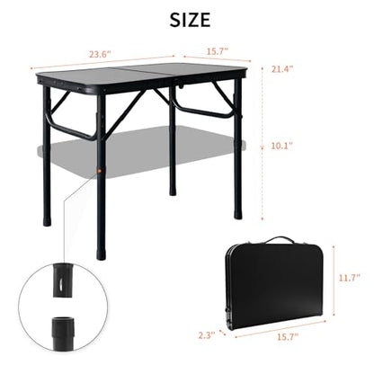 2FT Small Camping Portable Table, Black Aluminum Frame, Adjustable Height up to 21", Lightweight Carry Handle, Portable for Travel, Camping Outdoor Use - size: 2 ft × 1.3 ft × 1.78 ft H, No Umbrella Hole