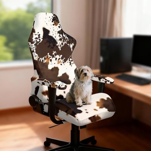 Artistic Brown Cow Print Chair Slipcovers with Arms 2 Piece Stretchy Gaming Chair Cover Cat Scratch Proof Furniture Protector with Zipper Anti-Dust Desk Chair Seat Protector for Office Home - color: Artistic Brown Cow Print