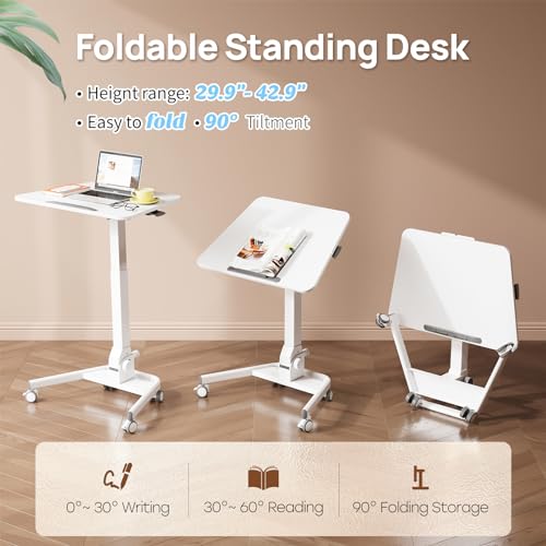 Foldable Mobile Standing Desk, 90 Tiltable Rolling Standing Desk, Height Adjustable Portable Laptop Workstation for Home Office, Easy to Fold, White - color: White