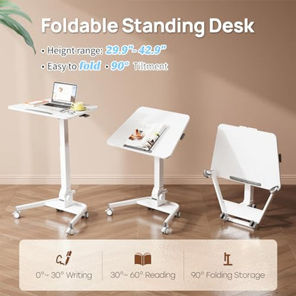 Foldable Mobile Standing Desk, 90 Tiltable Rolling Standing Desk, Height Adjustable Portable Laptop Workstation for Home Office, Easy to Fold, White - color: White