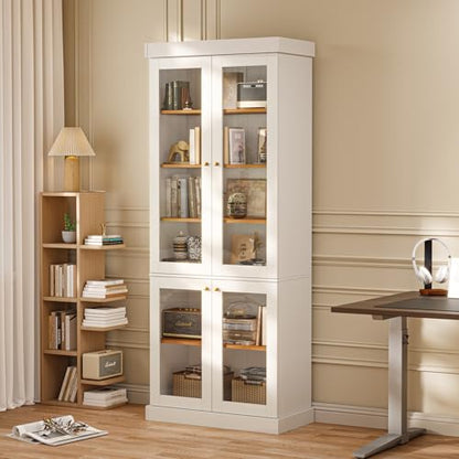 Vyre 70.8" Tall White Bookshelf with Glass Doors, Farmhouse Modular Bookcase with 6-Tier Adjustable Shelves, Large Storage Cabinet for Home Office, Living Room, Set of 2 - color: White