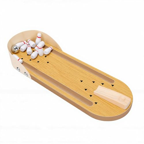 Mini Bowling Set, Tabletop Bowling Game Wooden Synthetic Desktop Alley with 10 Pins Ramp, Finger Stress Relief Roller for Adults Teens Break Room