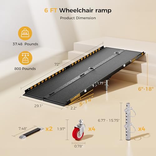 CAMMOO 6 FT Portable Wheelchair Ramp-800LBS Heavy-Duty, High-Strength Aluminum Alloy with 4 Adjustable Legs, 4 Wheels, Triple Anti-Slip and Seamless Design, Ideal for Home Steps, Threshold, Doorways - size: 6 FT