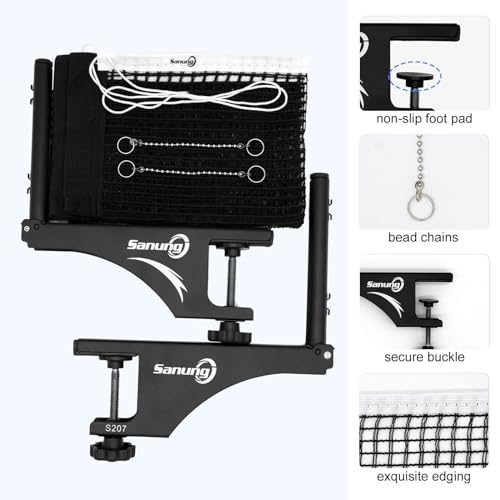 Sanung S207 Table Tennis Net and Post Set, Collapsible Ping Pong Mesh Net Clip with high Strength Grip Holder Adjustable Screw Clamp Post Kit for Professional Training Competition Game Playing