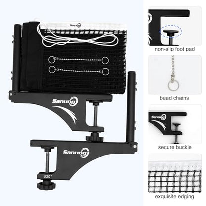 Sanung S207 Table Tennis Net and Post Set, Collapsible Ping Pong Mesh Net Clip with high Strength Grip Holder Adjustable Screw Clamp Post Kit for Professional Training Competition Game Playing