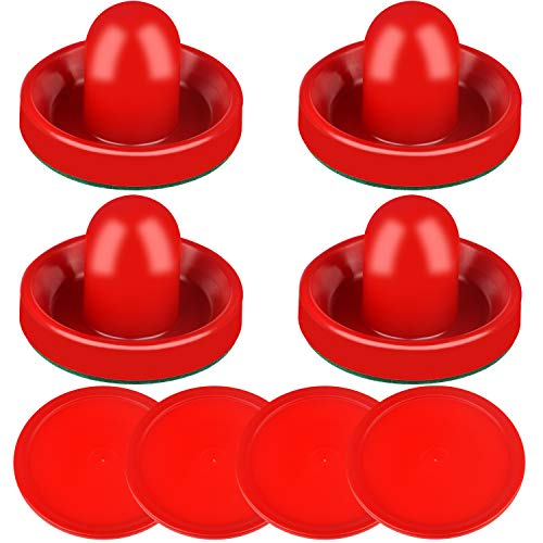 ONE250 Air Hockey Pushers and Red Air Hockey Pucks, Goal Handles Paddles Replacement Accessories for Game Tables (4 Striker, 4 Puck Pack) - color: Red
