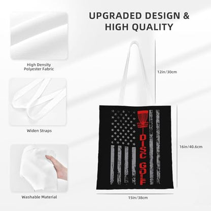 NIENIE Disc Golf With Usa Flag Tote Bag for Women Shopping Bags Reusable Large Capacity Casual Shoulder Handbags DIY Gift Bags Cute Canvas Tote Bag