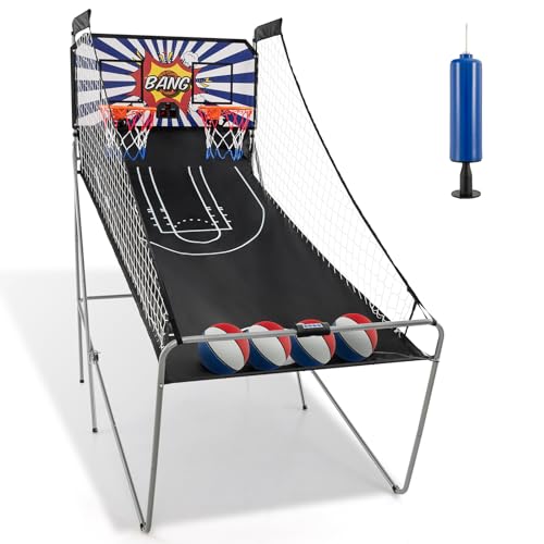 Giantex Folding Basketball Arcade Game, Dual Shot Electronic Basketball Hoop Arcade Game with 8 Game Modes, 4 Balls, 2 Hoops, Air Pump, LCD Scoreboard, Basketball Game for Adults, Kids - color: Blue/White
