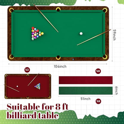 Breling 2 Sets 8ft Pool Table Felt Replacement Kit with 12 Rail Cloth Strips, Pre Cut Billiard Table Cloth for Standard 8 Foot Pool Tables, Durable Felt for Home Game Rooms, Bars & Clubs (red & Green)
