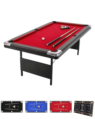 6/7 ft Pool Table, Folding Billiard Table, Portable Pool Tables with Billiard Balls, 2 Cue Sticks, Felt Brush & Chalk for Family Game Room & Home Recreation - color: Red-6FT