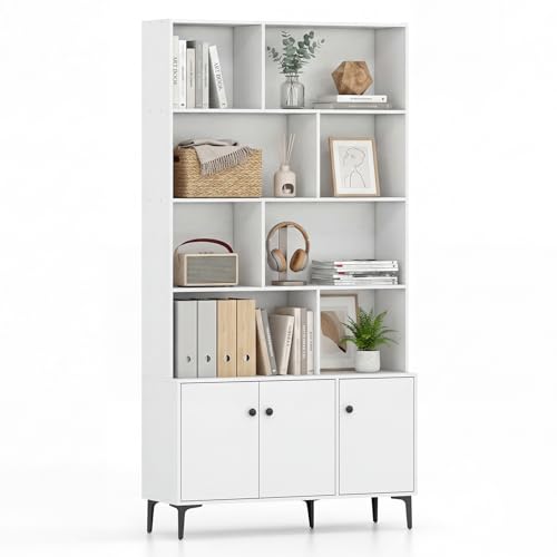 Giantex 68.5" Tall Bookcases and Bookshelves with 3 Doors, Floor Standing 5 Tier Bookshelf Display Shelves, Bookcase with Storage Cabinet, Decor Furniture for Home Office,Living Room, White - color: White, size: 35.5" x 12" x 68.5"