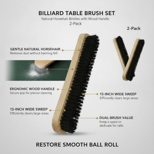 Billiard Table Brush Set, Natural Horsehair Bristles with Wood Handle for Pool Table Felt, 2-Pack - size: 14.96 x 3.54 x 1.77 in