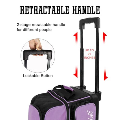 WOLT Double Roller 2 Ball Bowling Bag with Separate Shoe Compartment, Large Capacity Bowling Ball Bag with Accessory Pocket, Retractable Handle Extends to 40" - color: Purple