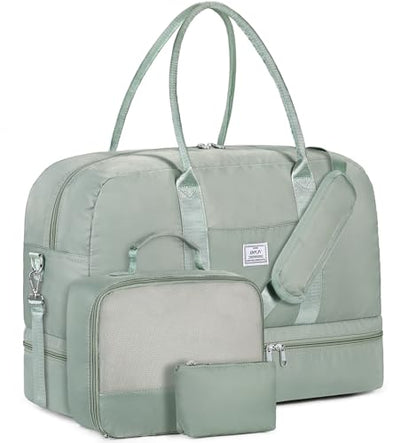 Weekender Bag for Women, Large Overnight Bag Canvas Travel Duffel Bag Carry On Tote with Shoe Compartment 21" 3Pcs Set - color: D04-green