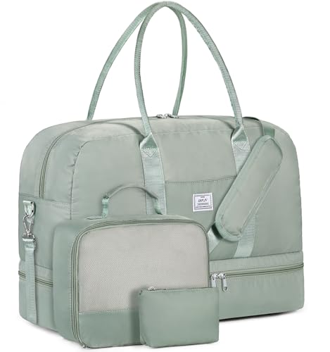 Weekender Bag for Women, Large Overnight Bag Canvas Travel Duffel Bag Carry On Tote with Shoe Compartment 21" 3Pcs Set - color: D04-green