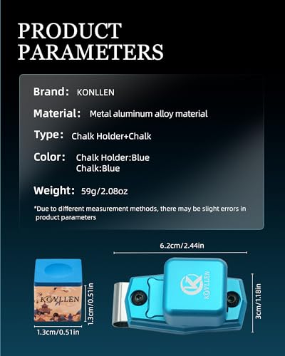 KONLLEN Magnetic Pool Chalk Holder Aluminum Alloy Belt Clip | Portable design, durable metal construction, quick access,metal cue chalk case for pool, snooker and carom - color: Blue Chalk Holder+pool chalk