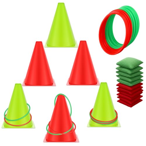 Soulchen 30 Pcs 3 in 1 Carnival Games Set Soft Plastic Cones Bean Bags Combo Set Ring Toss Games for Adults Family Outdoor Yard Birthday Party